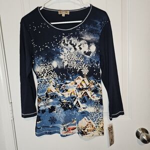 NWT Blue Canyon Christmas Holy Night Rhinestone Top Large Navy Blue Holiday